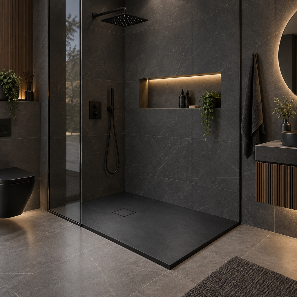 Brodzik do docięcia prostokątny, BLOOM 120x80x2,6, fi 90, czarny