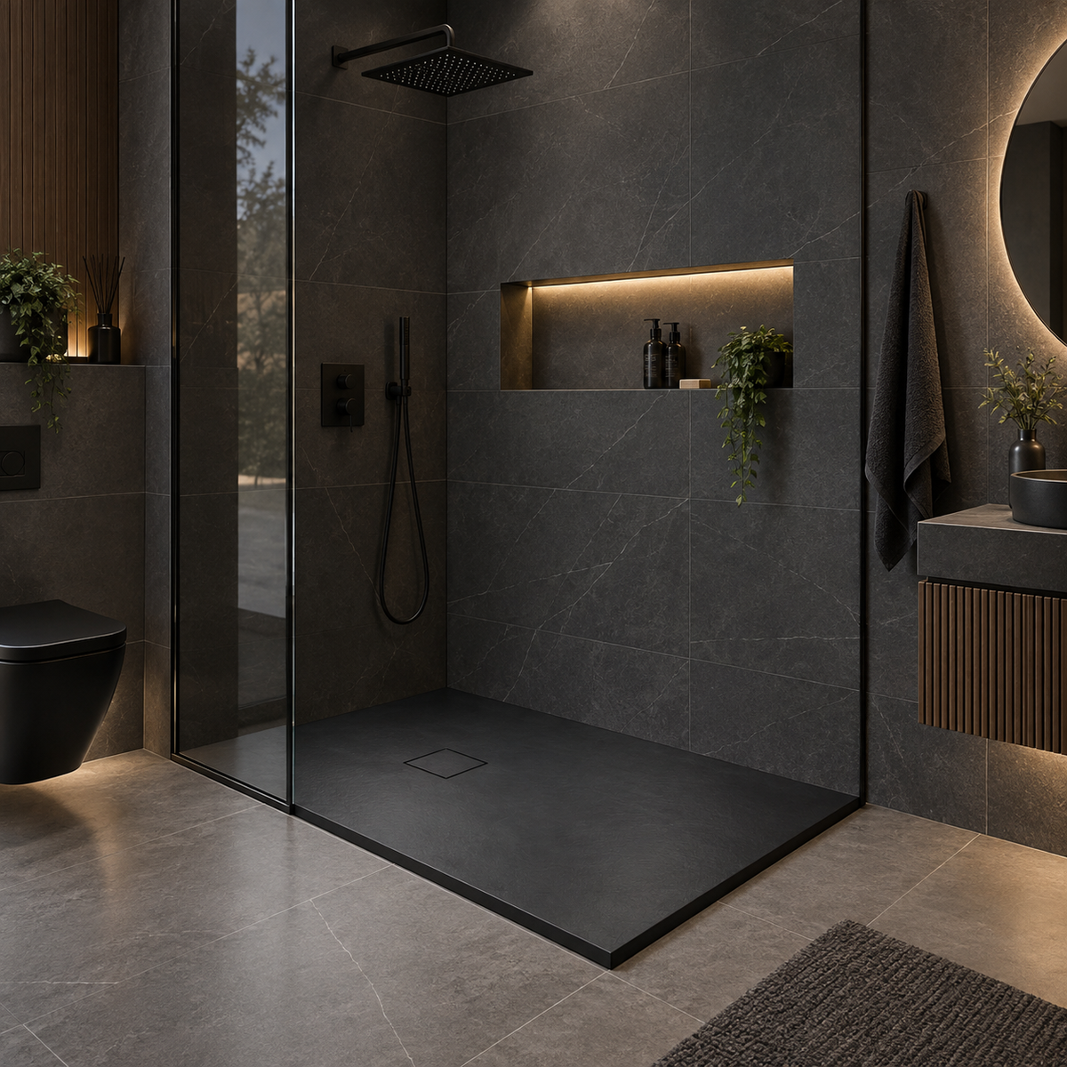 Brodzik do docięcia prostokątny, BLOOM 120x80x2,6, fi 90, czarny